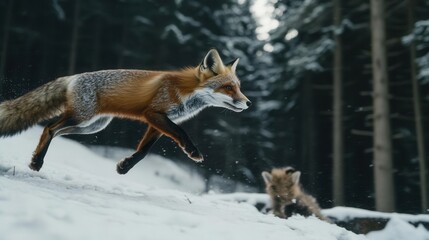 Red Fox Running Through Snowy Forest with Playful Cub in a Winter Wonderland Scene