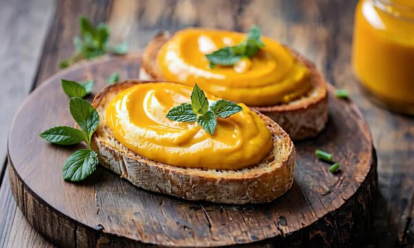 Toasted bread with pumpkin spread, mint garnish, rustic wood background; perfect for food blogs or recipe websites