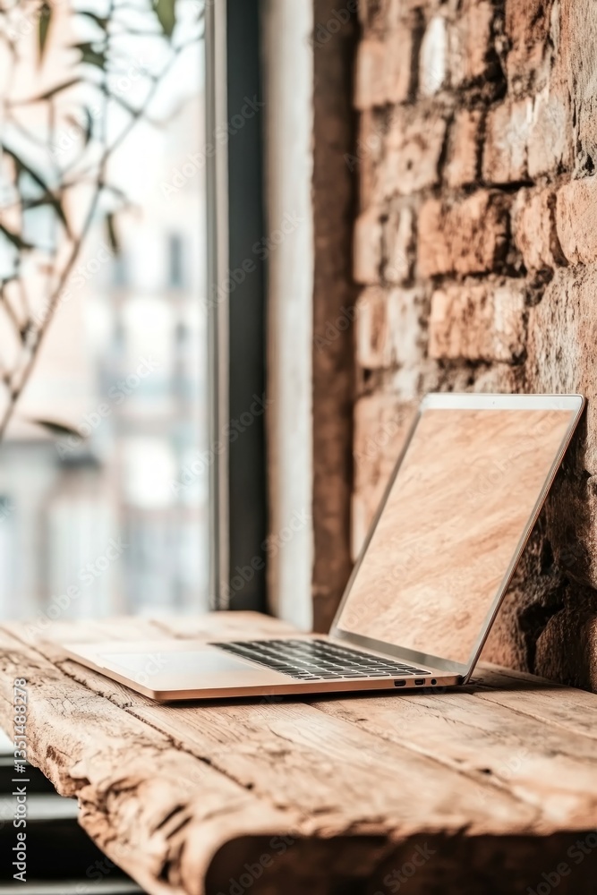 Aufkleber a clean and stylish workspace features a sleek laptop resting on a rustic wooden desk. sunlight stre