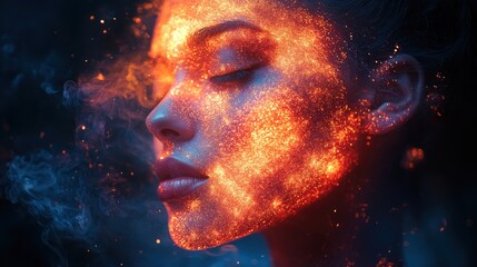 Woman with fiery face, smoke, dark background. Fantasy portrait