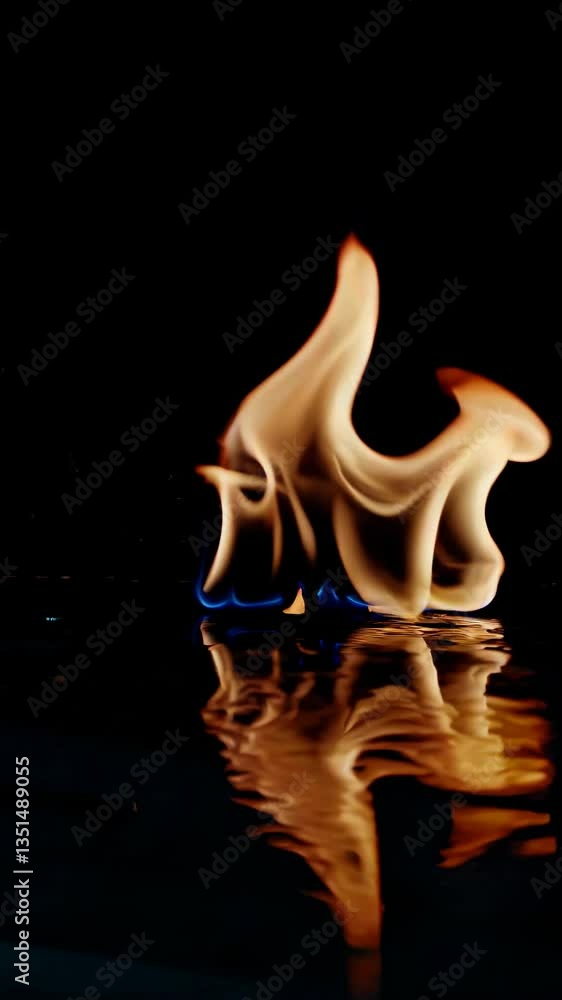 Poster close-up, low-angle shot of a flame reflecting on a surface, creating a dynamic and abstract visual,