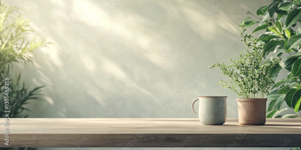 Poster cups and a potted herb create a serene and inviting atmosphere on a rustic wooden table illuminated 