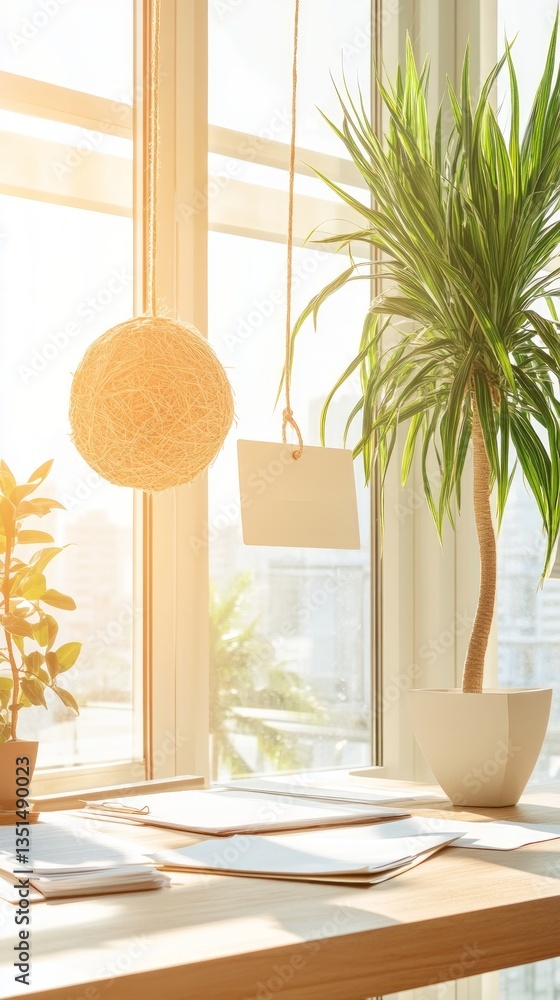 Poster bright sunlight pours into a serene workspace filled with green plants and decorative objects, creat