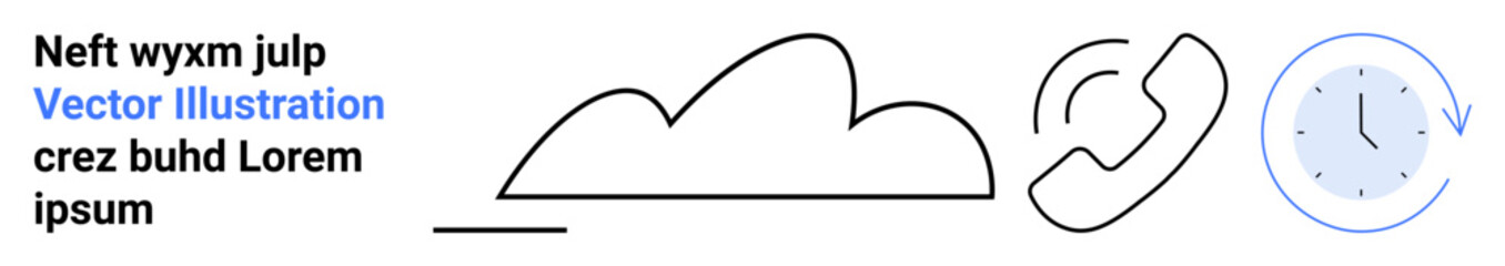 Cloud icon, phone receiver, and clock with arrow representing digital storage, communication, and time tracking. Ideal for cloud services, tech, productivity, telecom apps schedules simple landing