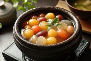 A warm anmitsu with agar jelly and sweet beans