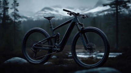 Fototapeta premium Black e-mountain bike in a serene natural setting