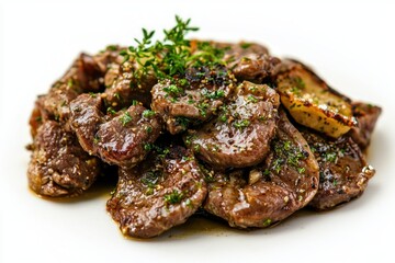 Succulent sauteed steak bites with aromatic herb garnish culinary delight savory plate presentation food styling close up shot