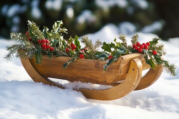 A wooden sleigh filled with holly and pine branches on fresh snow