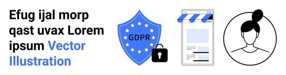 GDPR shield with lockdown symbol, mobile app interface resembling a storefront, and user profile. Ideal for data privacy, security, compliance, UIUX, identity protection, legal simple landing page