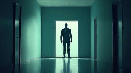 Obraz premium Businessman Silhouette in Doorway with Mysterious Hallway.