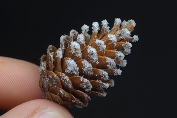 A miniature pine cone with a dusting of fake snow