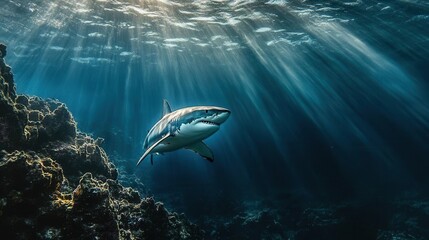 Fototapeta premium Swimming Shark in a Sunlit Ocean Environment Surrounded by Colorful Coral Reefs