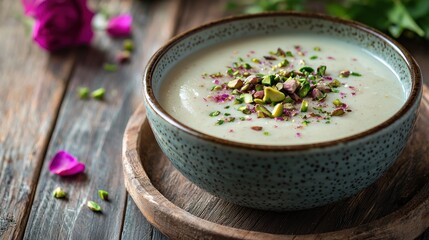 Creamy sahur dish topped with pistachio and rose petals on rustic wood table close up shot rich aroma