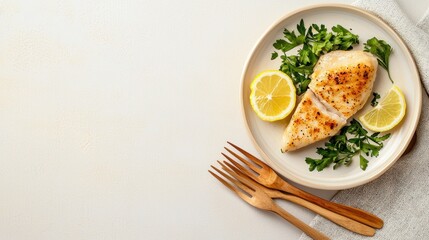 Grilled Chicken Breast with Fresh Lemon and Parsley Served on Plate Healthy Food Concept