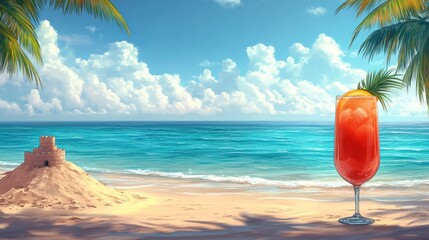 Tropical beach cocktail, sandy castle, ocean view, summer drink
