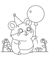 Coloring book hamster with party balloon! A fun coloring page for kids, perfect for a celebration