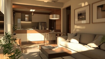 Sunlit Interior of Modern Living Space with Open Kitchen and Comfortable Couch Peaceful Home Ambience Warmth Light