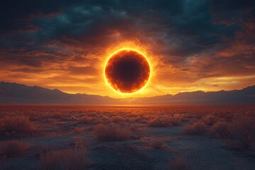 Fiery Eclipse Over Desert Landscape