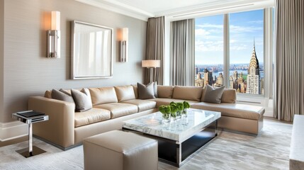 Chic modern living room, warm gray walls, beige leather sofa, marble coffee table, silver wall sconces, built in LED lighting, soft curtains, city sunrise