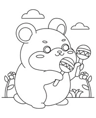 Coloring book hamster shaking maracas A fun coloring page for kids, perfect for a music or rhythm theme