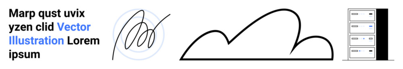Server tower, cloud outline, and circular signature design. Ideal for technology, software, security, cloud computing, document signing, data storage simple landing page