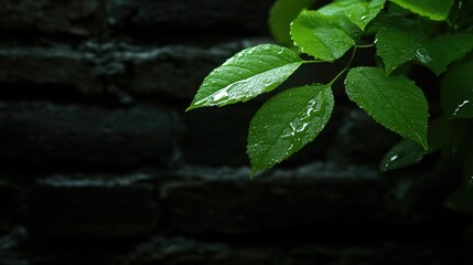 Fresh leaves after rain against dark brick wall