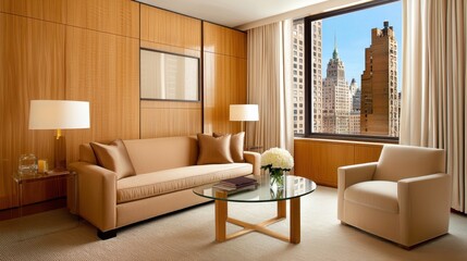 Compact modern living room, warm sand sofa, plush armchair, wooden panel wall, soft curtains, glass coffee table, standard window, city rooftop view