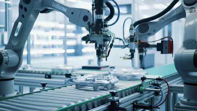 Robots Assembling Components in a High-Tech Manufacturing Facility During the Day