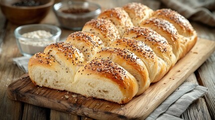 Freshly baked braided bread on a wooden board with ingredients in the background