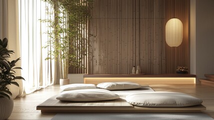 Serene asian interior with bamboo wall tatami mats and soft lighting for meditation retreat peaceful home decor