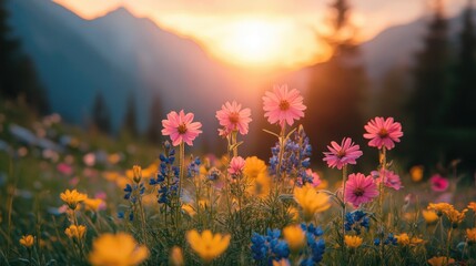 Colorful wildflowers at sunset in a mountain meadow. Possible use Nature background, inspirational desktop wallpaper