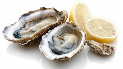 Fresh oysters on white plate with lemon gourmet food photography minimalist style elegant kitchen