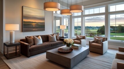 Contemporary modern living room, coffee brown sofa, plush armchair, slate coffee table, hanging pendant lights, soft still life painting, standard window