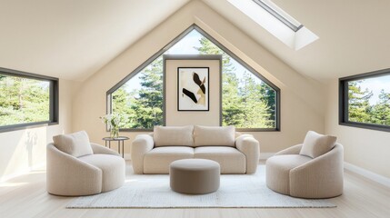 Fototapeta premium Cozy minimalist attic loft living room, beige walls, oversized boucle sofa in sand tone, two soft armchairs, neutral wool rug, abstract framed artwork