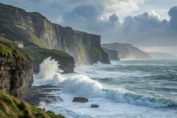 Dramatic waves crashing against Ireland's majestic cliffs under a brooding sky, a breathtaking display of nature's power.