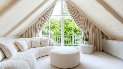 Fototapeta premium Cozy minimalist attic loft living room, fabric paneled accent wall, rounded boucle sofa in cream white, small ottoman, soft curtains, panoramic private