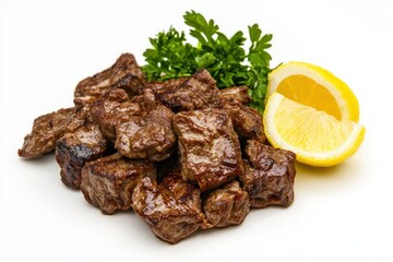Delicious grilled beef cubes with lemon garnish and fresh parsley against a pristine white background