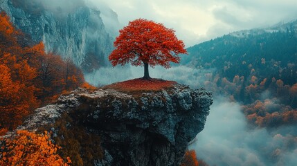 Solitary red tree atop misty cliff, autumnal valley