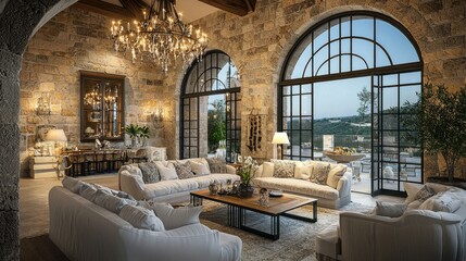 Elegant living room design with arched windows luxurious sofas stone wall neutral tones chandelier and scenic view