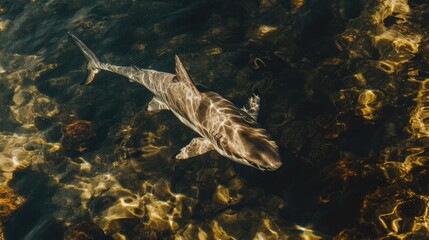 Fototapeta premium Swimming Shark in Clear Shallow Waters with Sunlight Reflections and Vibrant Ocean Colors