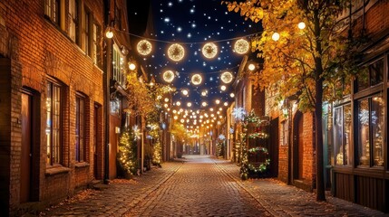 Obraz premium Enchanted Christmas Street at Night: A Festive Winter Scene