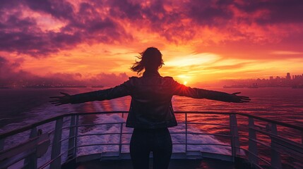 Fototapeta premium A person standing on a boat with outstretched arms at sunset