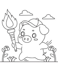 Coloring book pig running with torch!  A fun coloring page for kids