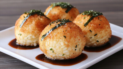 Fototapeta premium Crispy Japanese Rice Balls with Delicious Sauce