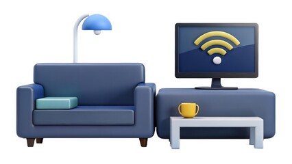 Smart Home Modern living room setup with a couch, lamp, TV, and coffee table, featuring a wifi symbol.