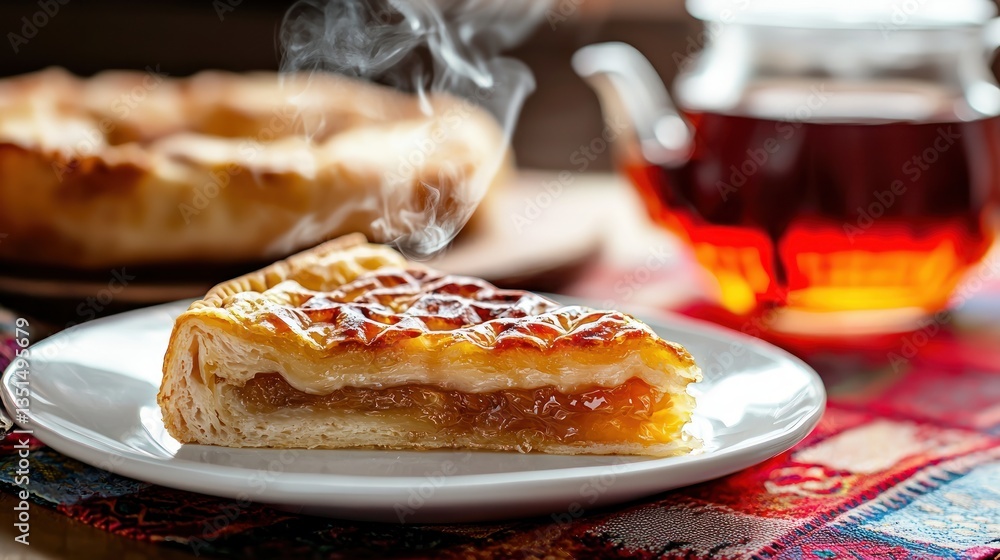 Poster appetizing apple pie slice warm from oven served with teapot capturing rustic charm golden crust bak