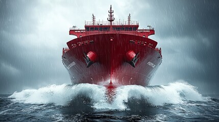 Large red cargo ship navigating stormy seas aggressively