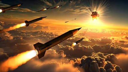 Missiles are soaring through the clouds at sunset, illustrating cutting-edge military technology and aerospace innovation