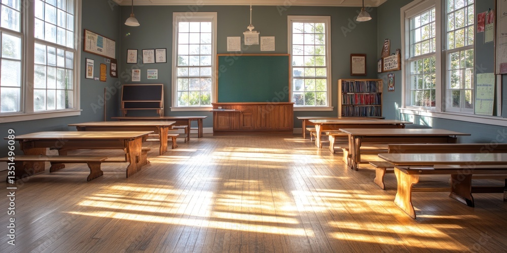 Aufkleber sunlight streams through large windows into a clean classroom featuring wooden desks arranged neatly