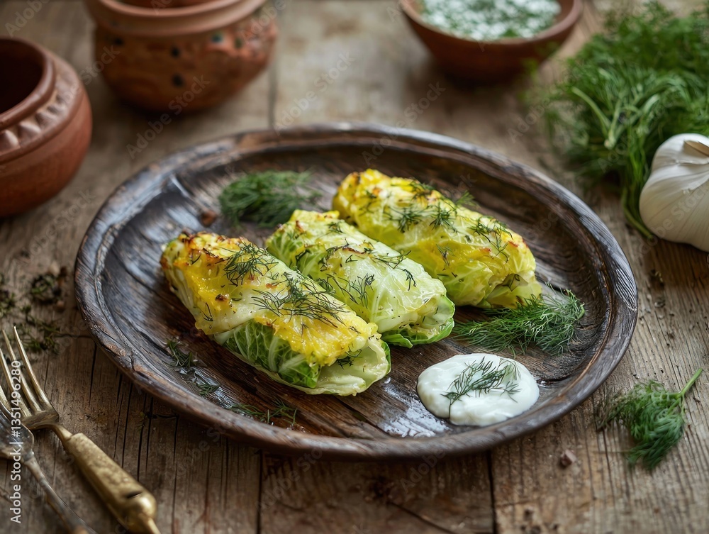 Poster rustic table setting featuring traditional cabbage rolls with dill and cream sauce in warm light